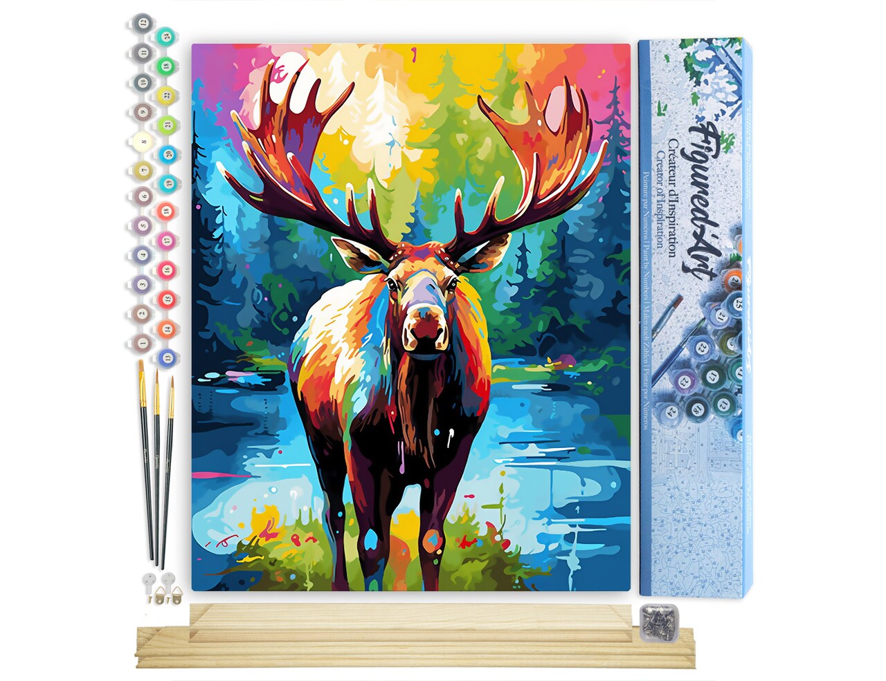 Figured'Art Paint by Number for Adults Colorful Abstract Moose 16"x20" - Craft Art Painting Rolled Canvas with DIY Wooden Frame